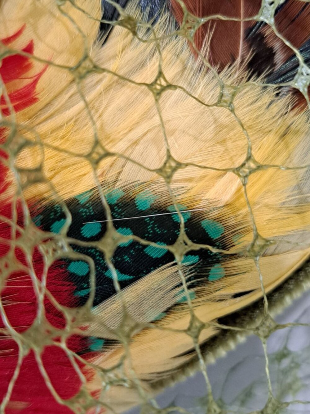 Vintage Pillbox Hat Green Pheasant Feather Multicolor Netting Retro Womens OS - Picture 2 of 11